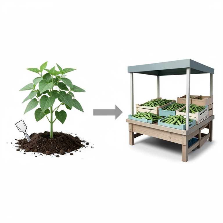 AI-generated conceptual illustration (Green pea plants and a rural marketplace). It explains the idea and does not show study data.