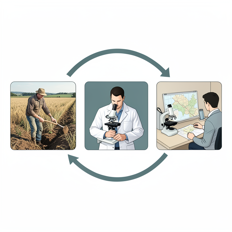 AI-generated conceptual illustration (Small-scale farmers, agricultural scientists in a laboratory, and government planners in an office). It explains the idea and does not show study data.
