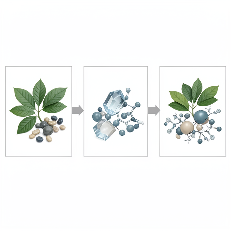 AI-generated conceptual illustration (Strychnos pseudoquina plant leaves and Salmonella typhimurium bacteria). It explains the idea and does not show study data.