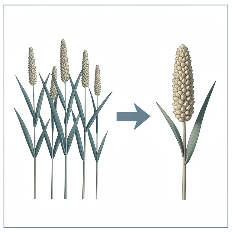 AI-generated conceptual illustration (pearl millet plants (Pennisetum glaucum L.)). It explains the idea and does not show study data.
