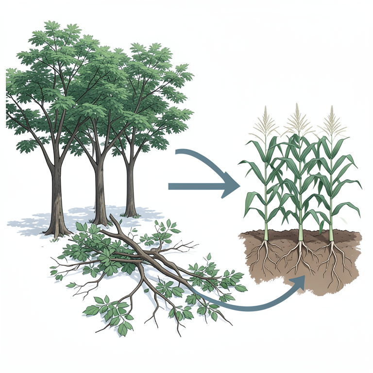AI-generated conceptual illustration (Leucaena leucocephala trees and maize plants in an alley cropping system). It explains the idea and does not show study data.