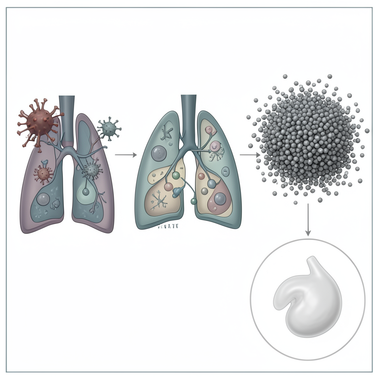 AI-generated conceptual illustration (human lung epithelial cells and immune cells). It explains the idea and does not show study data.