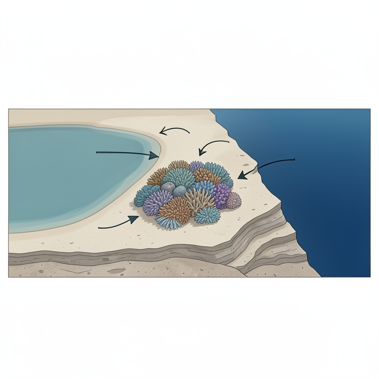 AI-generated conceptual illustration (A shallow carbonate platform cross-section). It explains the idea and does not show study data.