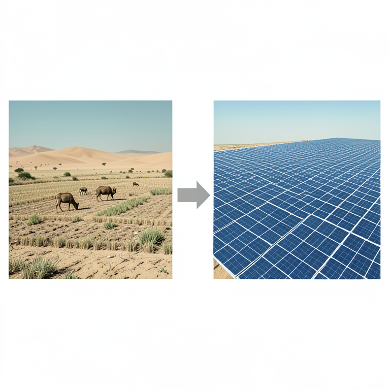AI-generated conceptual illustration (Rajasthan desert landscape with livestock and solar panels). It explains the idea and does not show study data.