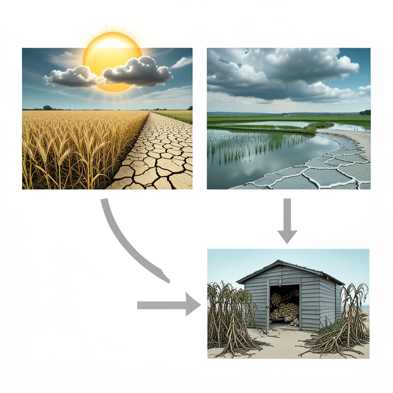 AI-generated conceptual illustration (Indian agricultural landscapes including wheat fields, drought-stricken soil, flooded plains, and coastal mangroves). It explains the idea and does not show study data.