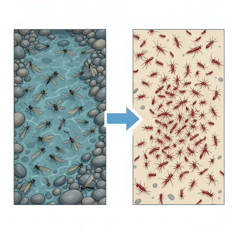 AI-generated conceptual illustration (Vistula river benthic macroinvertebrates (mayflies, stoneflies, and midge larvae)). It explains the idea and does not show study data.