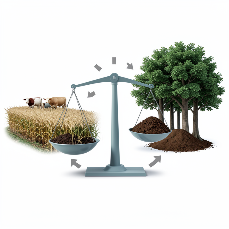 AI-generated conceptual illustration (Integrated farming system with livestock, crops, and agro-forestry trees). It explains the idea and does not show study data.