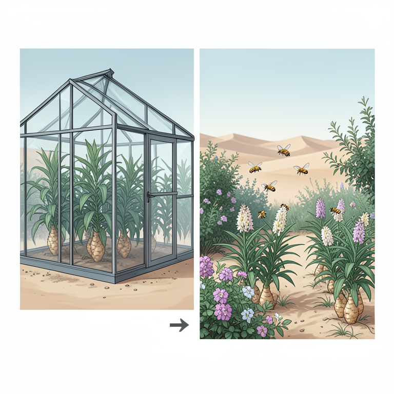 AI-generated conceptual illustration (Ginger plants (Zingiber officinale) and honeybees in a desert oasis). It explains the idea and does not show study data.