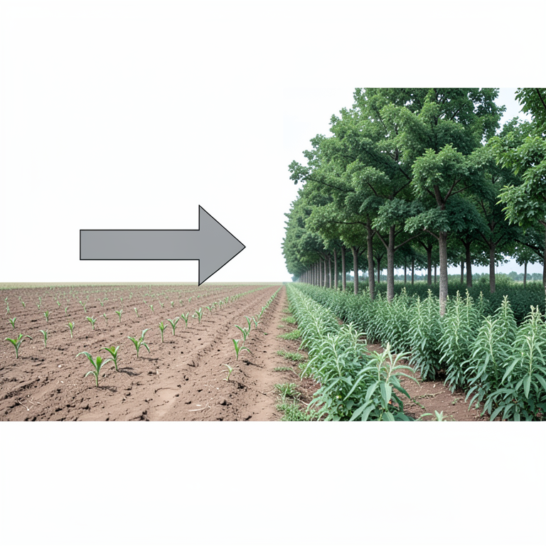 AI-generated conceptual illustration (Agricultural farmland with boundary tree plantations). It explains the idea and does not show study data.