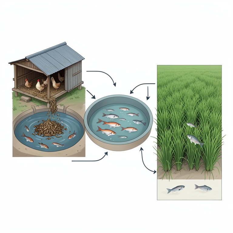 AI-generated conceptual illustration (Integrated fish, poultry, and paddy farming system). It explains the idea and does not show study data.