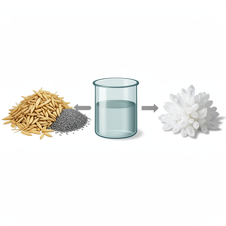 AI-generated conceptual illustration (Rice husks, rice husk ash, and zeolite crystals). It explains the idea and does not show study data.