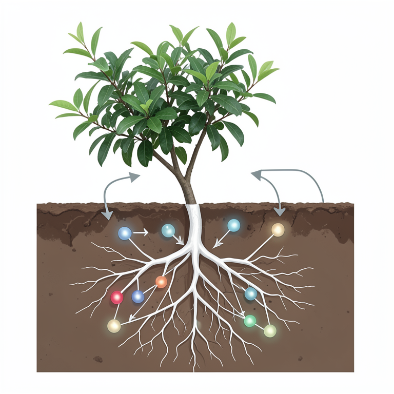 AI-generated conceptual illustration (pomegranate plant roots and arbuscular mycorrhizal fungi in soil). It explains the idea and does not show study data.
