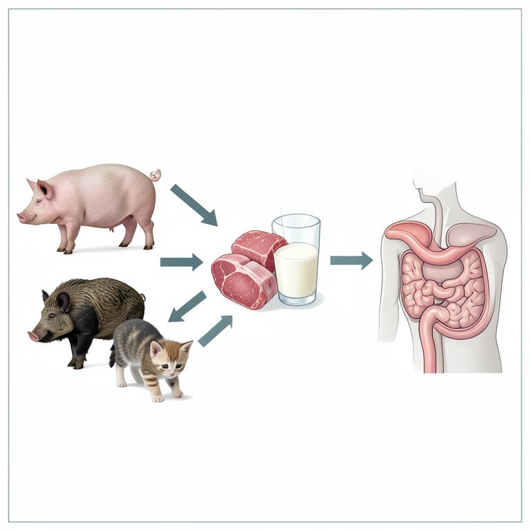 AI-generated conceptual illustration (Yersinia enterocolitica transmission cycle involving pigs, wild boars, domestic cats, dogs, raw pork, and unpasteurized-). It explains the idea and does not show study data.