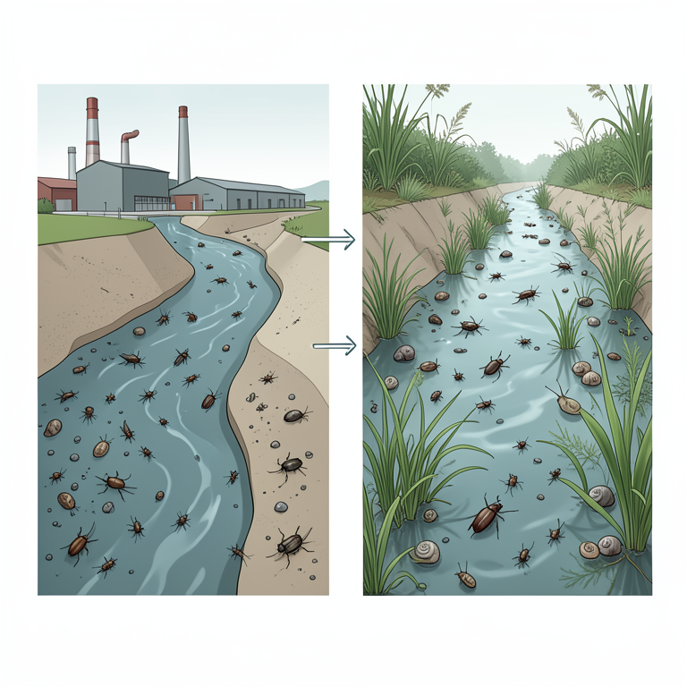 AI-generated conceptual illustration (Benthic macro-invertebrates (Diptera, Coleoptera, and molluscs) in the Chari River). It explains the idea and does not show study data.
