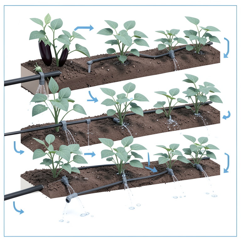 AI-generated conceptual illustration (eggplant plants and drip irrigation emitters). It explains the idea and does not show study data.