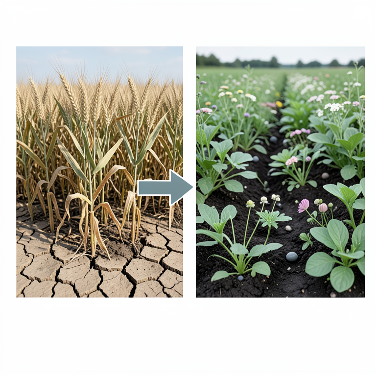 AI-generated conceptual illustration (Paddy and wheat crops transitioning to a diversified field of pulses, oilseeds, and vegetables in a rural farmland). It explains the idea and does not show study data.
