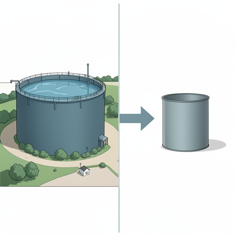 AI-generated conceptual illustration (A residential town landscape with water storage tanks and piping systems). It explains the idea and does not show study data.