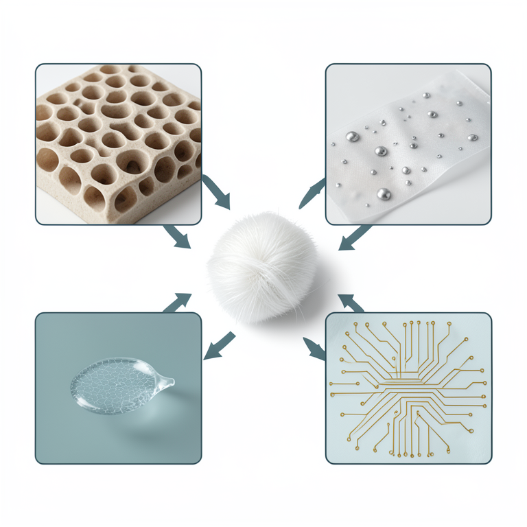 AI-generated conceptual illustration (Silk protein composites). It explains the idea and does not show study data.
