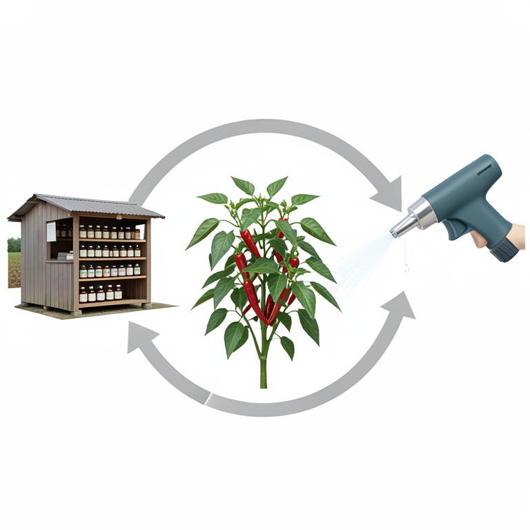 AI-generated conceptual illustration (chilli plants and a rural agricultural retail shop). It explains the idea and does not show study data.