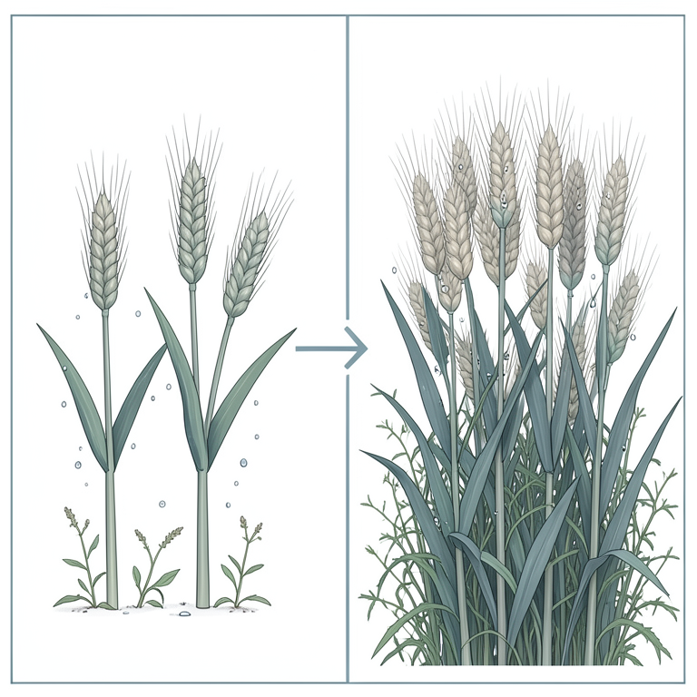 AI-generated conceptual illustration (wheat plants (Triticum aestivum L.) and common field weeds). It explains the idea and does not show study data.