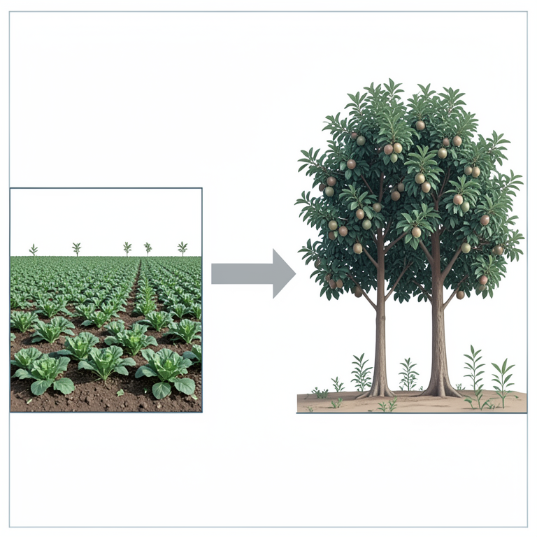 AI-generated conceptual illustration (fruit tree-based multistory cropping systems on marginal land). It explains the idea and does not show study data.