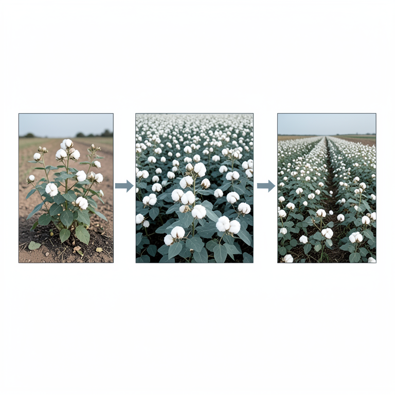 AI-generated conceptual illustration (cotton plants in agricultural fields). It explains the idea and does not show study data.