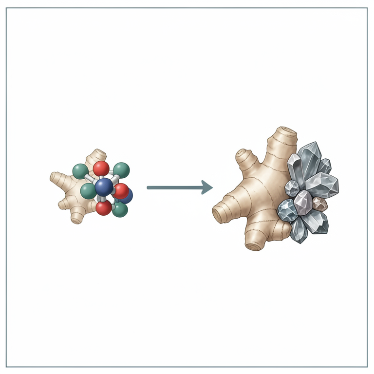 AI-generated conceptual illustration (ginger rhizomes (Zingiber officinale Rosc.)). It explains the idea and does not show study data.