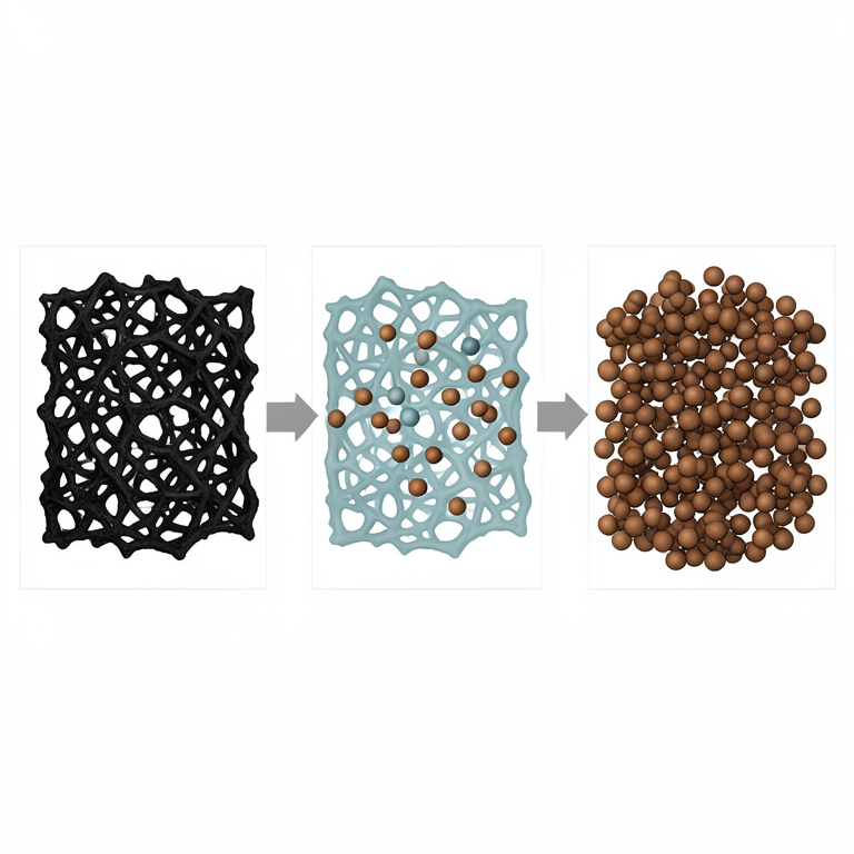 AI-generated conceptual illustration (carbon aerogel composite with magnetite nanoparticles). It explains the idea and does not show study data.