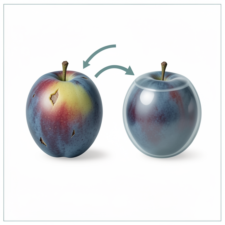 AI-generated conceptual illustration (plum fruits (Prunus domestica L.)). It explains the idea and does not show study data.
