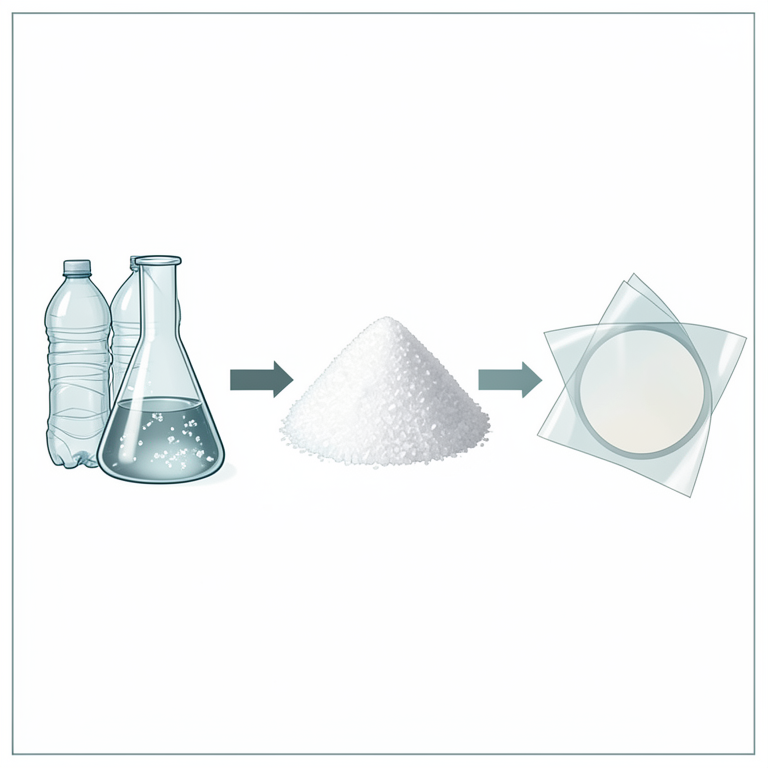 AI-generated conceptual illustration (poly(ethylene terephthalate) plastic bottles and chemical monomers). It explains the idea and does not show study data.