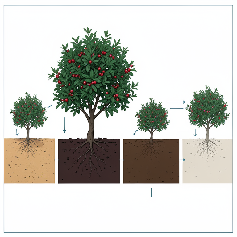 AI-generated conceptual illustration (Karonda (Carissa carandas) shrubs in different soil types). It explains the idea and does not show study data.