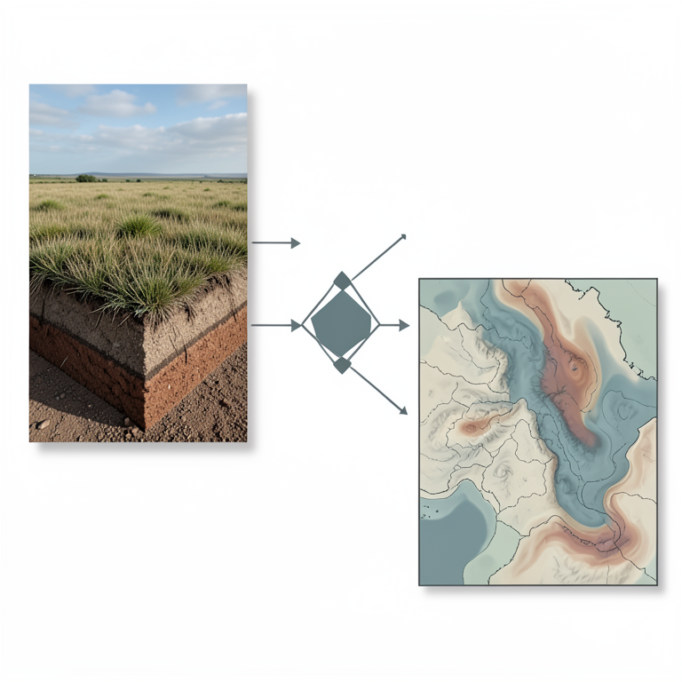 AI-generated conceptual illustration (Mongolian semiarid steppe landscape and soil profiles). It explains the idea and does not show study data.