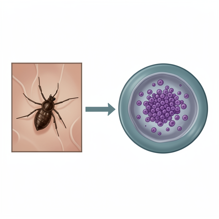 AI-generated conceptual illustration (Rhipicephalus sanguineus tick and canine monocytes). It explains the idea and does not show study data.