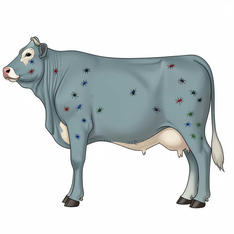AI-generated conceptual illustration (Bovine (cattle) and ixodid ticks). It explains the idea and does not show study data.