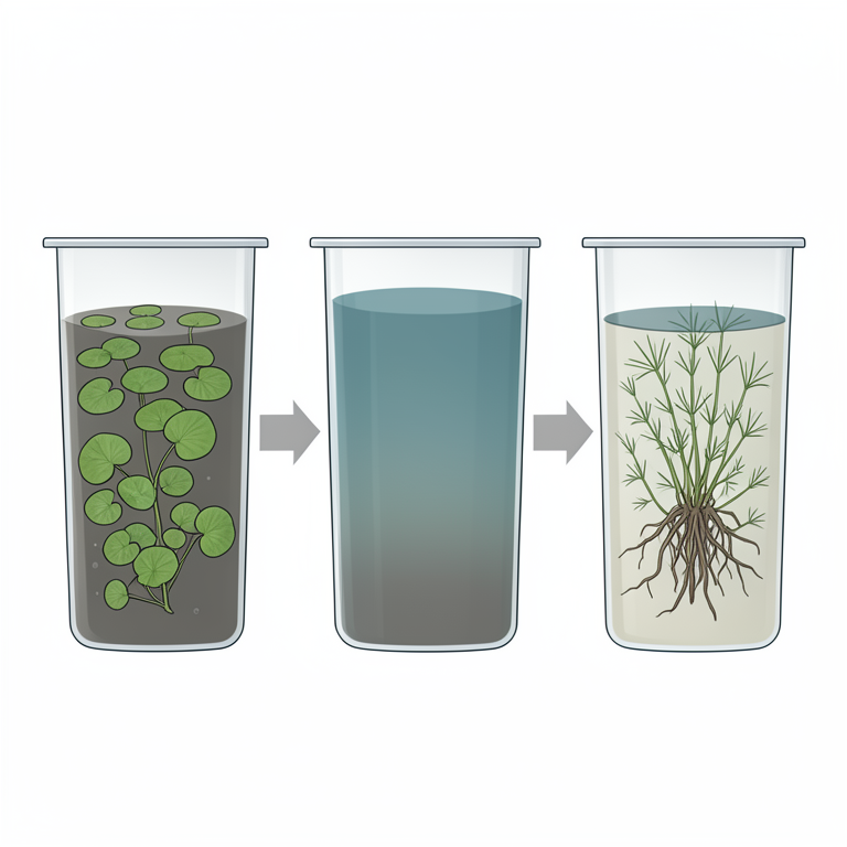 AI-generated conceptual illustration (Lemna minor and Ceratophyllum demersum in plastic containers with domestic wastewater). It explains the idea and does not show study data.