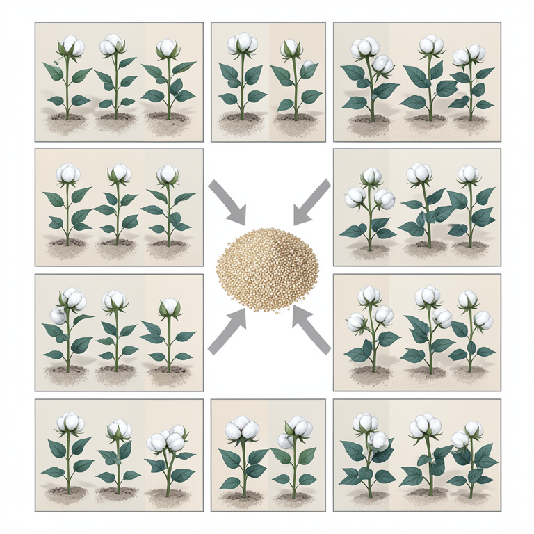 AI-generated conceptual illustration (cotton plants (Gossypium hirsutum L.) in a field). It explains the idea and does not show study data.