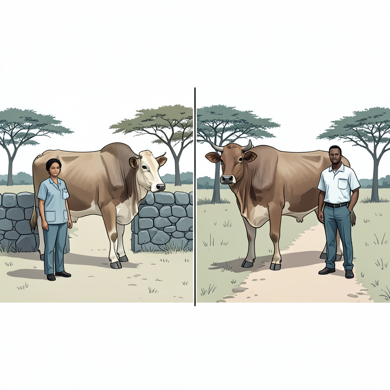 AI-generated conceptual illustration (female and male veterinary para-professionals with cattle in rural Uganda). It explains the idea and does not show study data.
