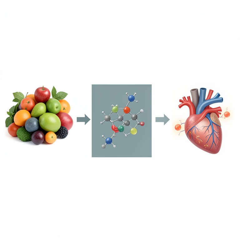 AI-generated conceptual illustration (Assorted fresh fruits (apples, berries, citrus, grapes) and human internal organs (heart, blood vessels, immune cells).). It explains the idea and does not show study data.