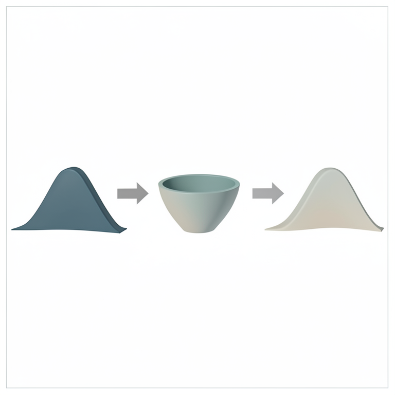 AI-generated conceptual illustration (A mathematical probability distribution curve and a computational processing pipeline). It explains the idea and does not show study data.
