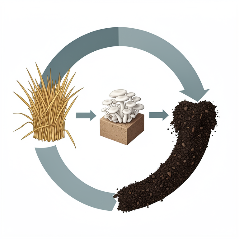 AI-generated conceptual illustration (Oyster mushrooms and agricultural straw). It explains the idea and does not show study data.