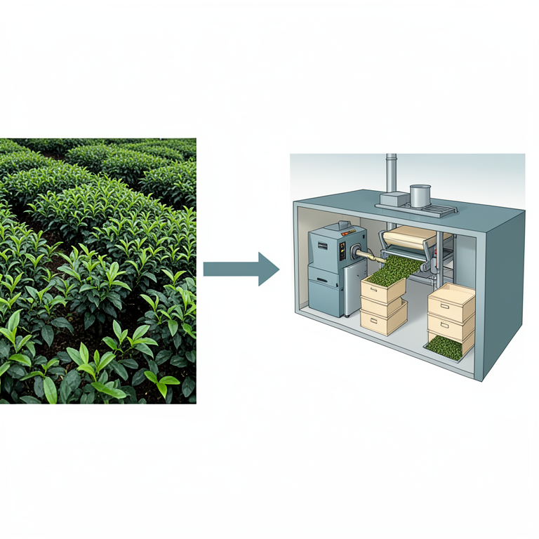 AI-generated conceptual illustration (tea plants and processed tea leaves in a factory setting). It explains the idea and does not show study data.