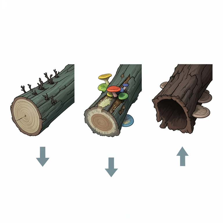 AI-generated conceptual illustration (a decaying fallen log of a temperate broadleaf tree). It explains the idea and does not show study data.