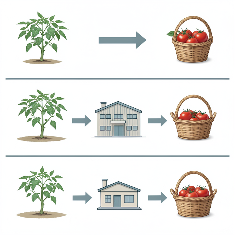 AI-generated conceptual illustration (Tomato plants and harvested tomatoes in a supply chain). It explains the idea and does not show study data.