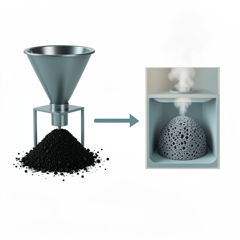 AI-generated conceptual illustration (biomass residues, an open-top downdraft gasifier, and a steam activation chamber). It explains the idea and does not show study data.