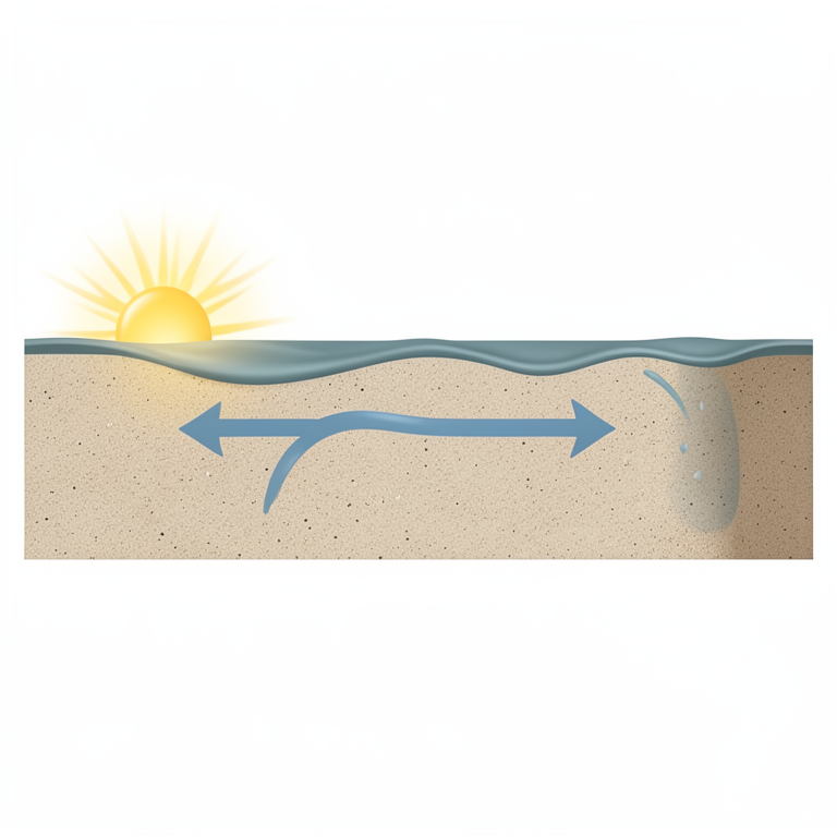 AI-generated conceptual illustration (fluid flowing through a cross-section of sandy soil). It explains the idea and does not show study data.