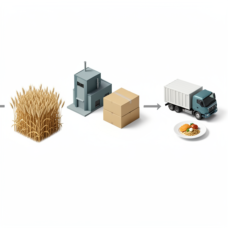 AI-generated conceptual illustration (Agricultural crops, a food processing factory, cardboard packaging, a delivery truck, and a dinner plate). It explains the idea and does not show study data.