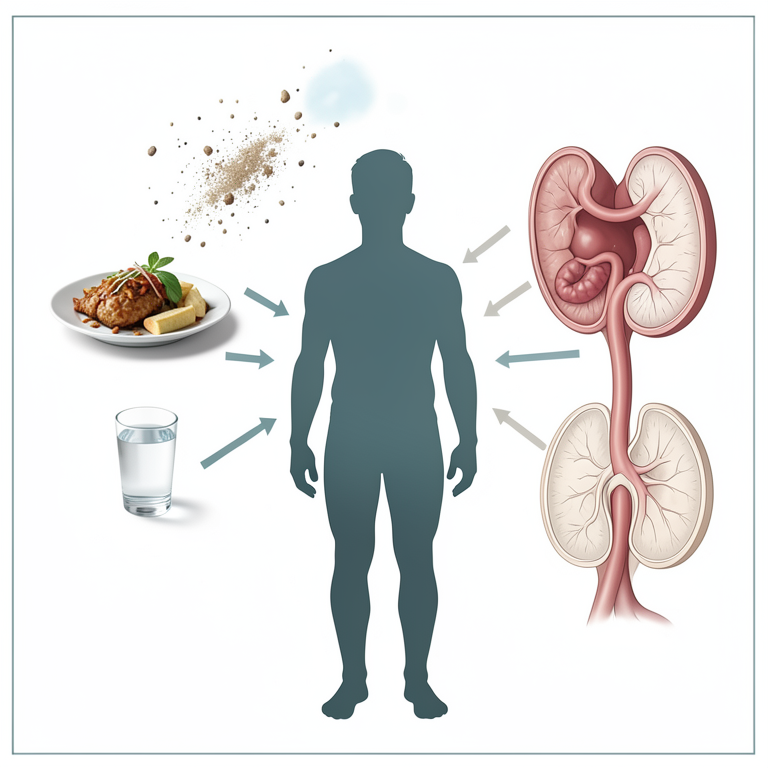 AI-generated conceptual illustration (human body and environmental sources). It explains the idea and does not show study data.