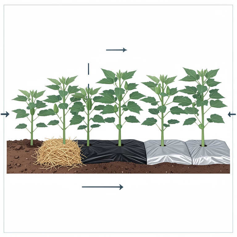 AI-generated conceptual illustration (okra plants (Abelmoschus esculentus L.)). It explains the idea and does not show study data.
