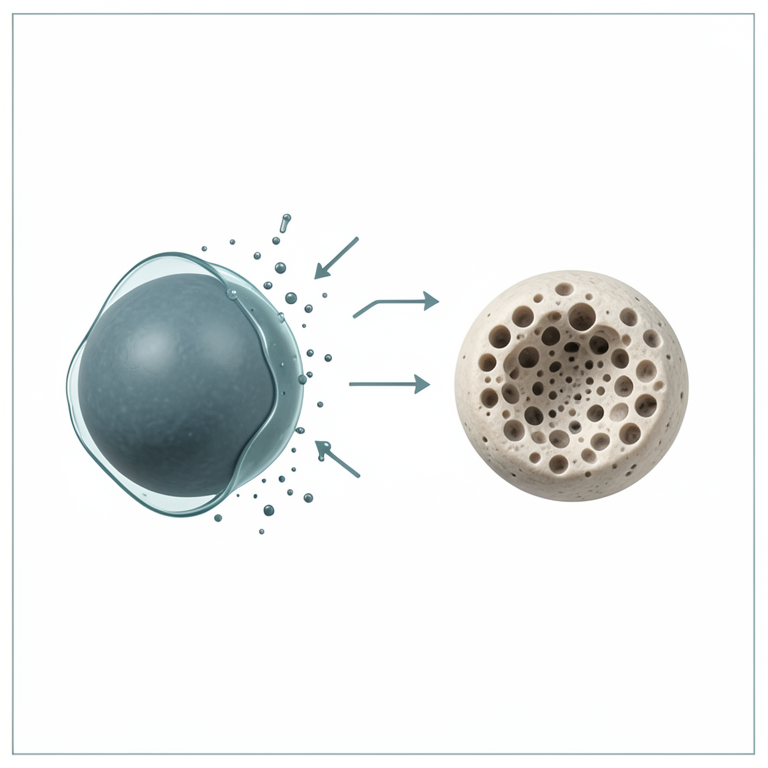 AI-generated conceptual illustration (spray-dried drug microparticles in simulated lung fluid). It explains the idea and does not show study data.