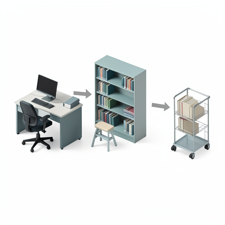 AI-generated conceptual illustration (library workstations and shelving units). It explains the idea and does not show study data.